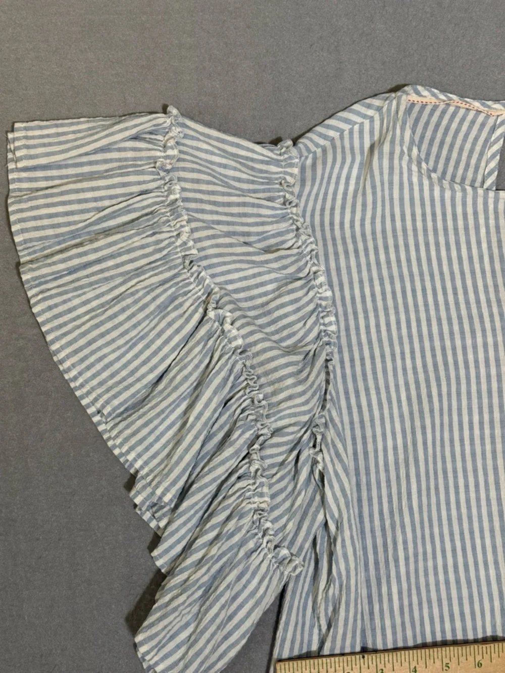 Anthropologie Pilcro Blue Striped Sybil Ruffle Sleeve Open Back Blouse Large - Picture 7 of 11